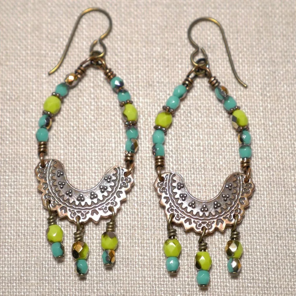 Hand Crafted Handmade Earrings Turquoise and Lime Copper Chandelier Earr… - Picture 1 of 4